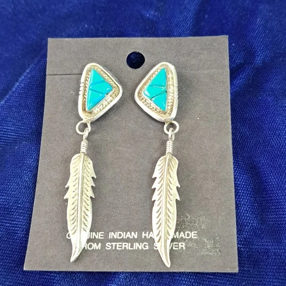 Vintage Native American Turquoise Sterling Silver Feather Earrings Signed - Picture 14 of 15